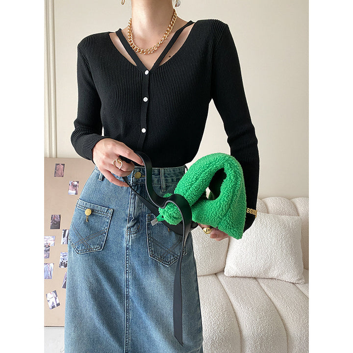 Damen modische Strickjacke mit tiefem V-Ausschnitt Drune