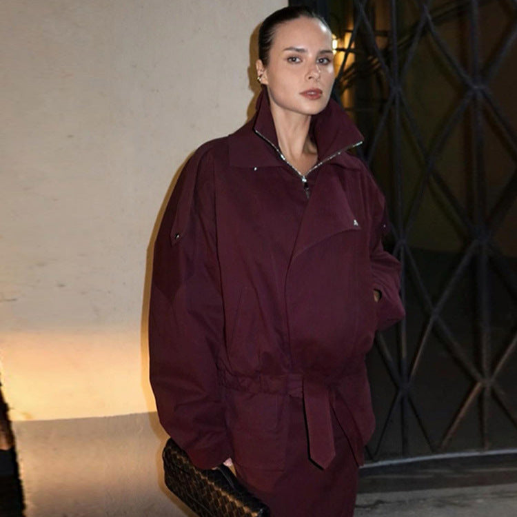 Damen moderne Oversized-Jacke mit Stehkragen und Taillengürtel Drune