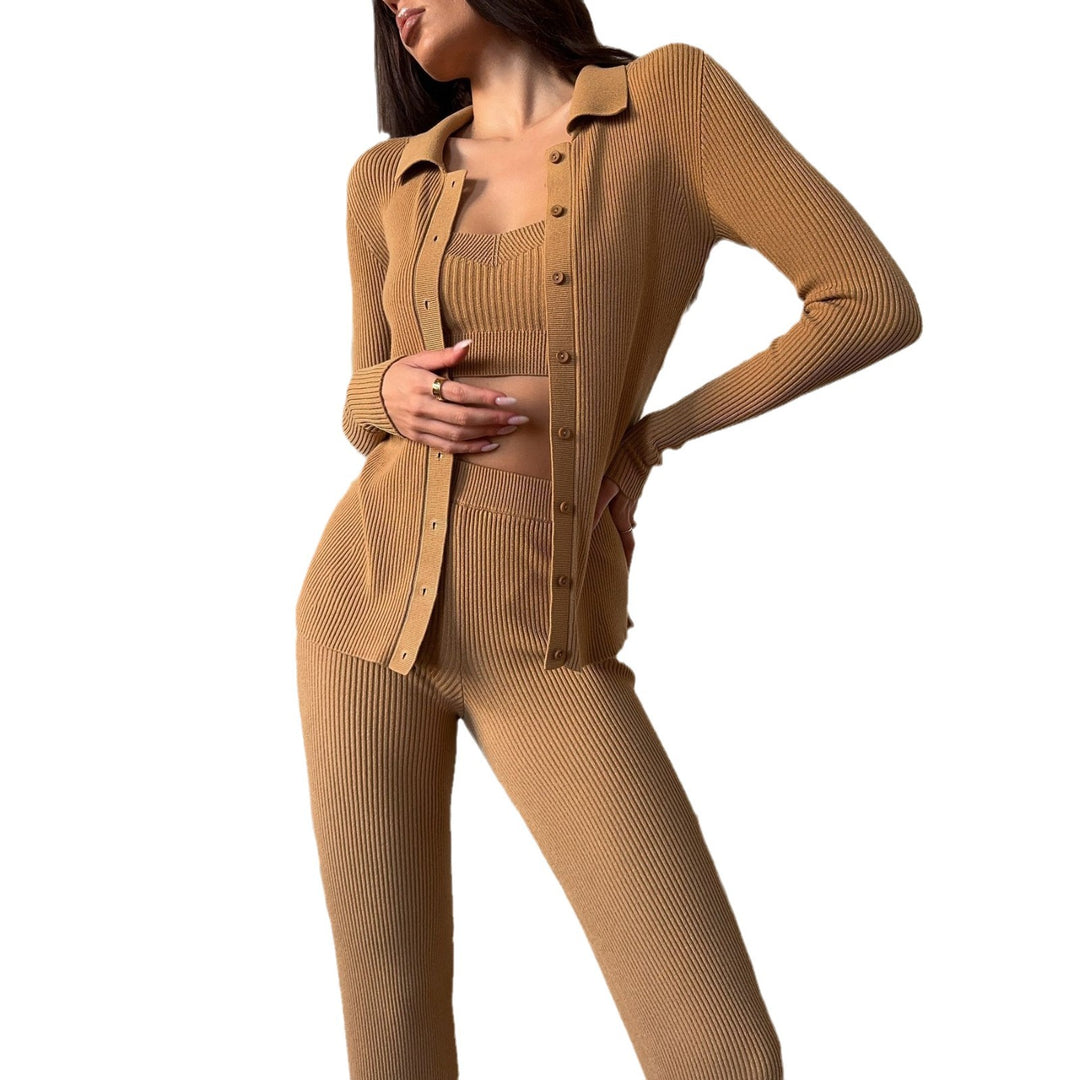 Damen Strick-Loungewear-Set mit elegantem Knopfdetail und figurbetontem Schnitt Drune