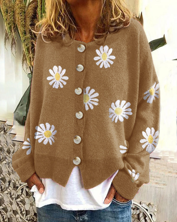 Damen Casual Strickjacke mit Blumendruck und Knopfdetails Drune