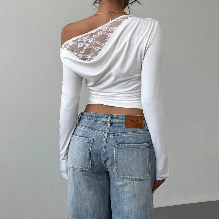 Damen Lässiges Langarmoberteil mit asymmetrischem Ausschnitt und transparenten Details Drune
