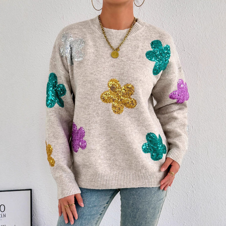 Damen Strickpullover mit glitzernden Blütenapplikationen Drune
