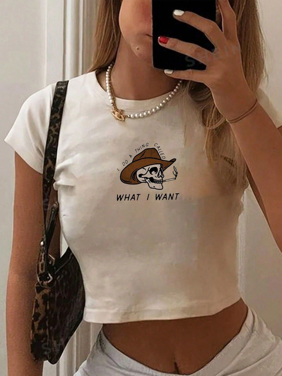 Damen Crop-T-Shirt mit kreativem Telefon-Design Drune