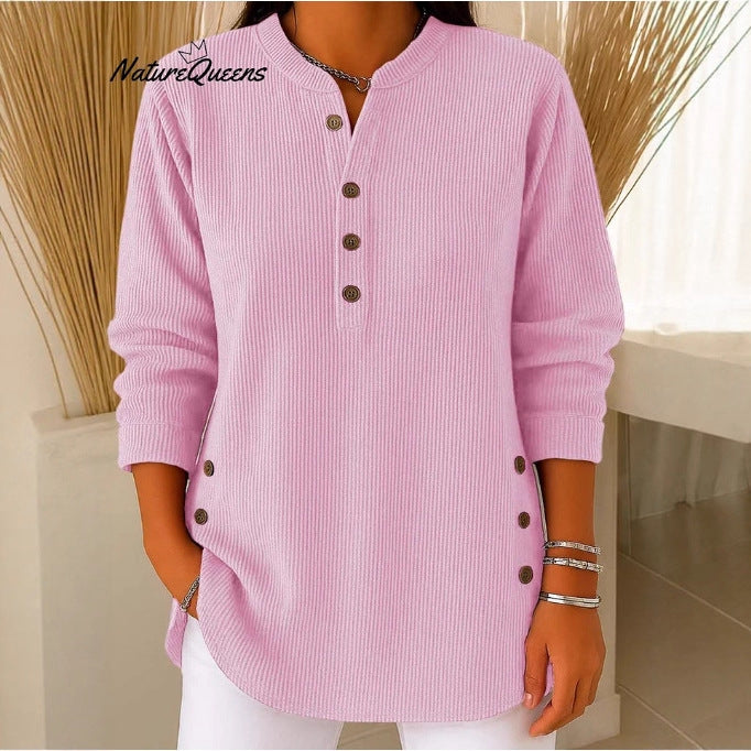 Damen Langarmshirt mit Knopfleiste und modernen Seitenknopfdetails Drune
