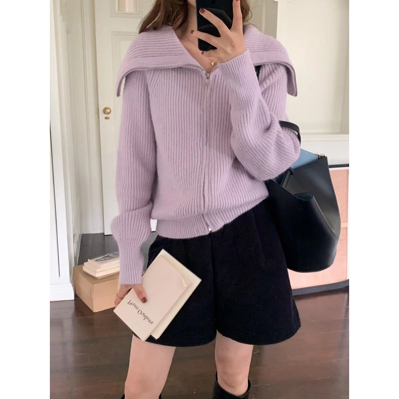 Damen gemütlicher Strickjacke mit offener Front und modischem Kragen Drune