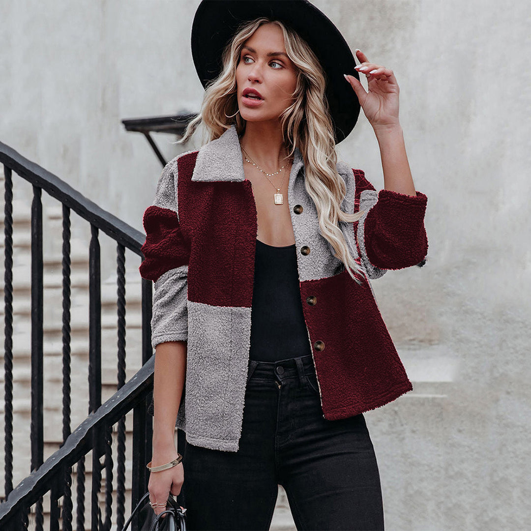 Damen trendige Teddyjacke mit modernem Patchwork-Design Drune
