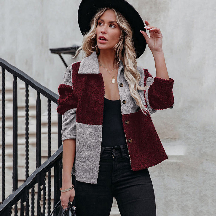 Damen trendige Teddyjacke mit modernem Patchwork-Design Drune