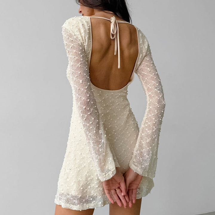 Drune | Jacquard Mini Kleid Taillierte Silhouette Rundhals Langarm Rückenfrei Mit Schleife