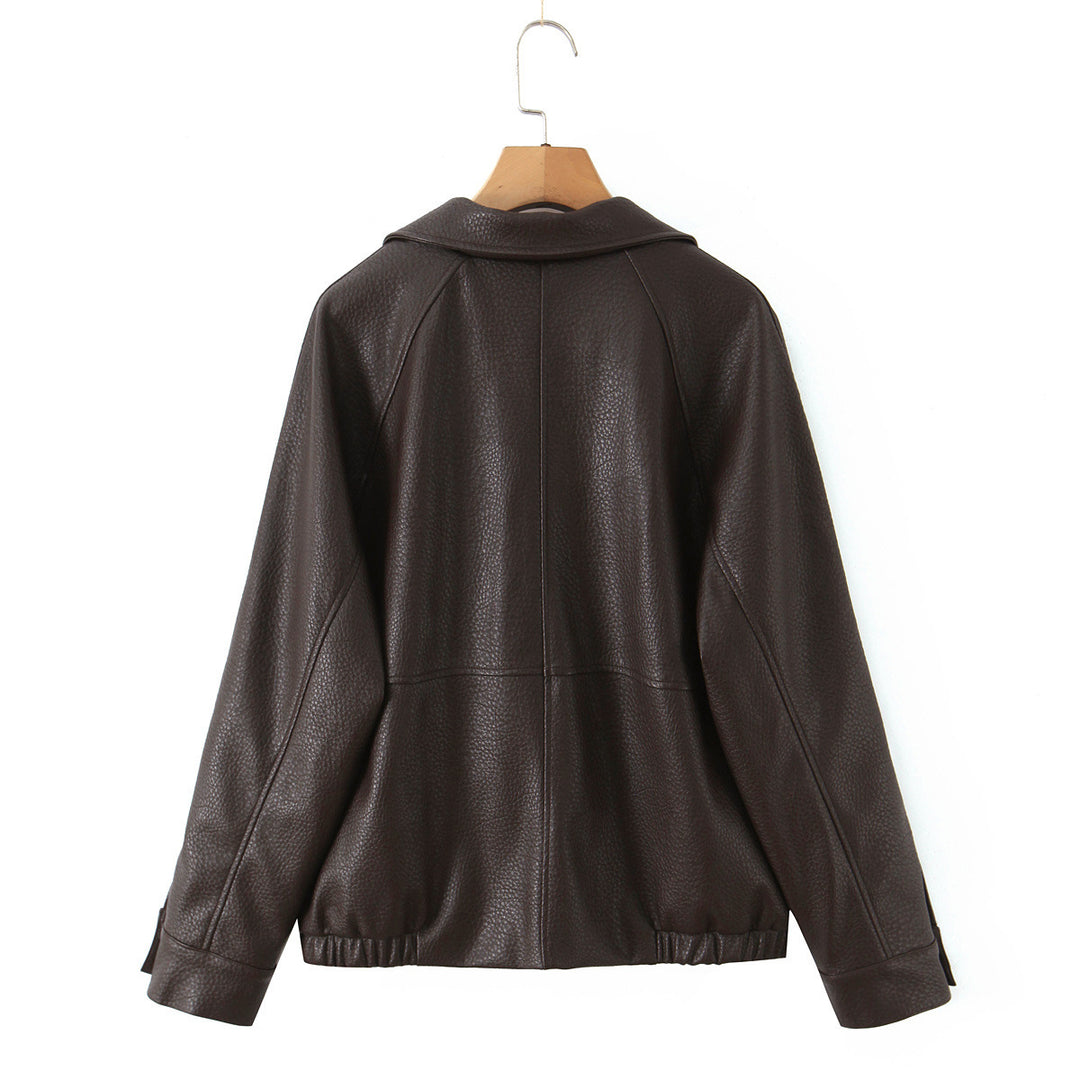 Damen modische Kunstlederjacke mit doppelter Knopfleiste und breitem Revers Drune