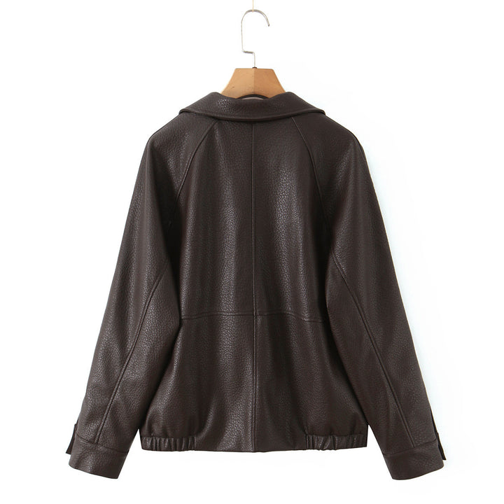 Damen modische Kunstlederjacke mit doppelter Knopfleiste und breitem Revers Drune
