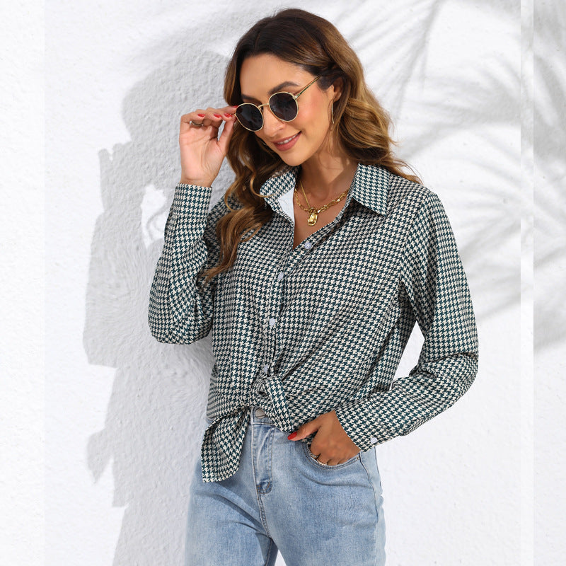 Damen nan geknotete Hahnentritt-Bluse mit Hemdkragen und durchgehender Knopfleiste Drune