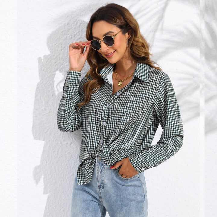 Damen nan geknotete Hahnentritt-Bluse mit Hemdkragen und durchgehender Knopfleiste Drune