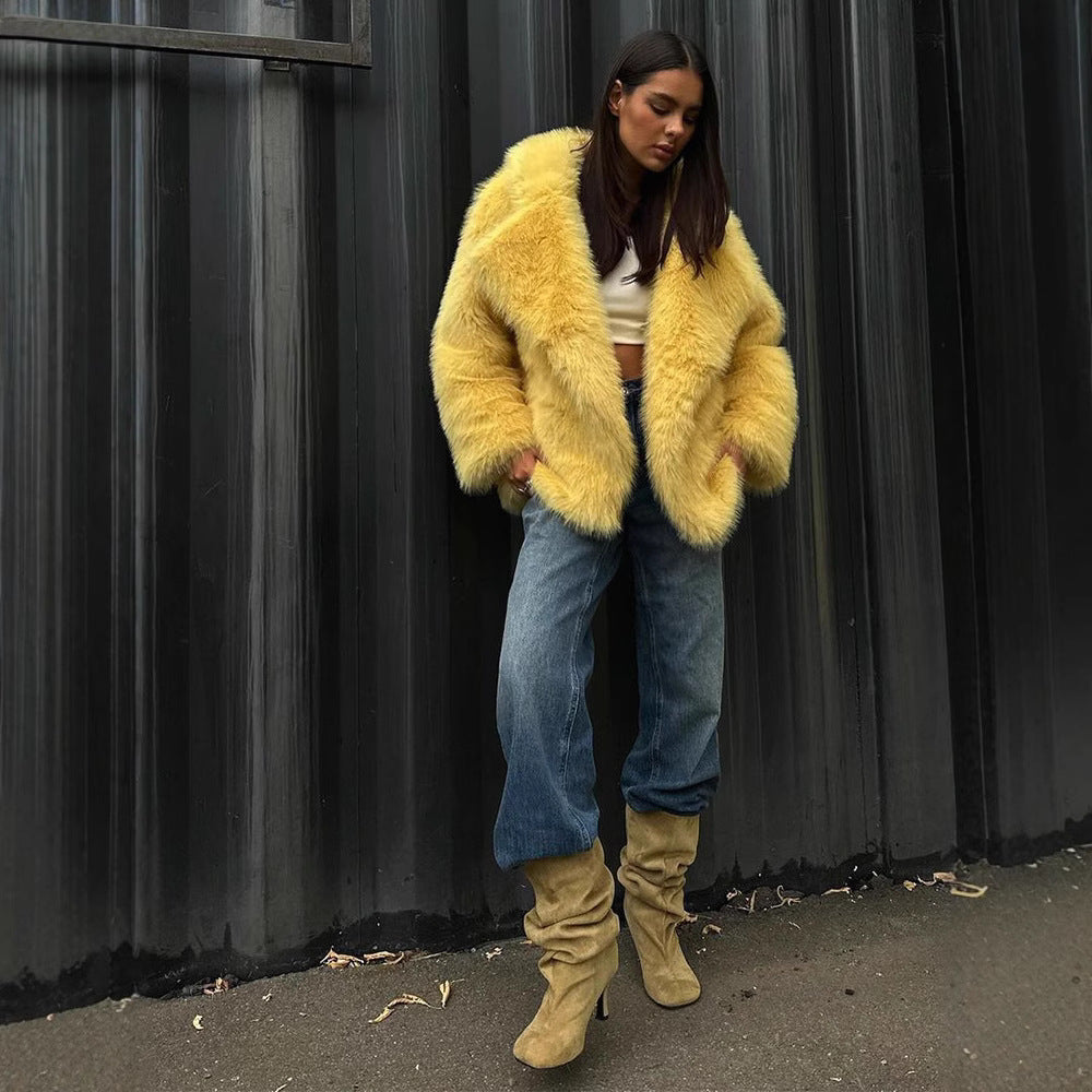 Damen flauschige Teddyjacke mit breitem Kragen und seitlichen Eingrifftaschen Drune