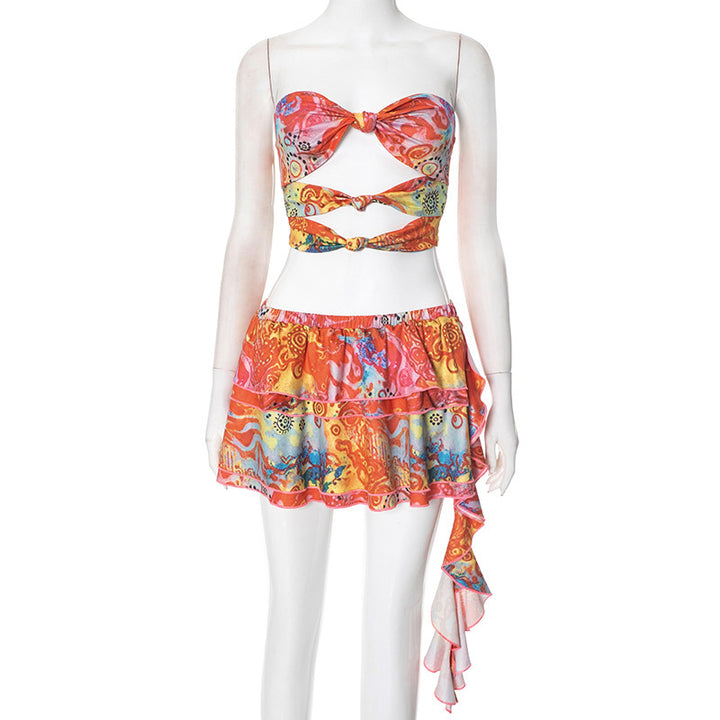 Damen Bandeau-Wickeloberteil mit verspieltem Rock und floralen Prints Drune