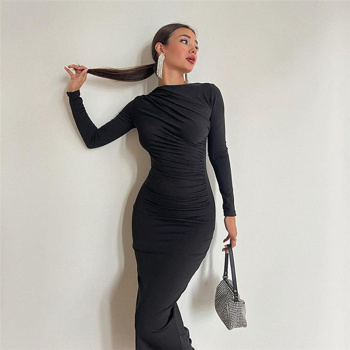 Damen nan gerafftes Maxikleid mit asymmetrischem Ausschnitt und taillierter Silhouette Drune