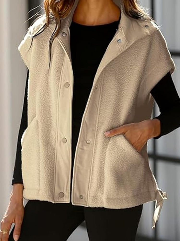 Damen Oversized Fleecewestenjacke mit seitlichen Eingrifftaschen und Druckknopfverschluss Drune