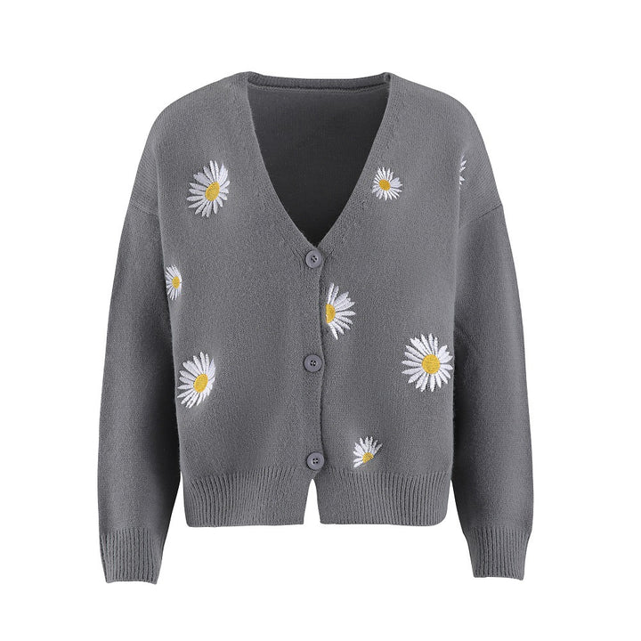 Damen Strickjacke mit Blumenstickerei und V-Ausschnitt Drune