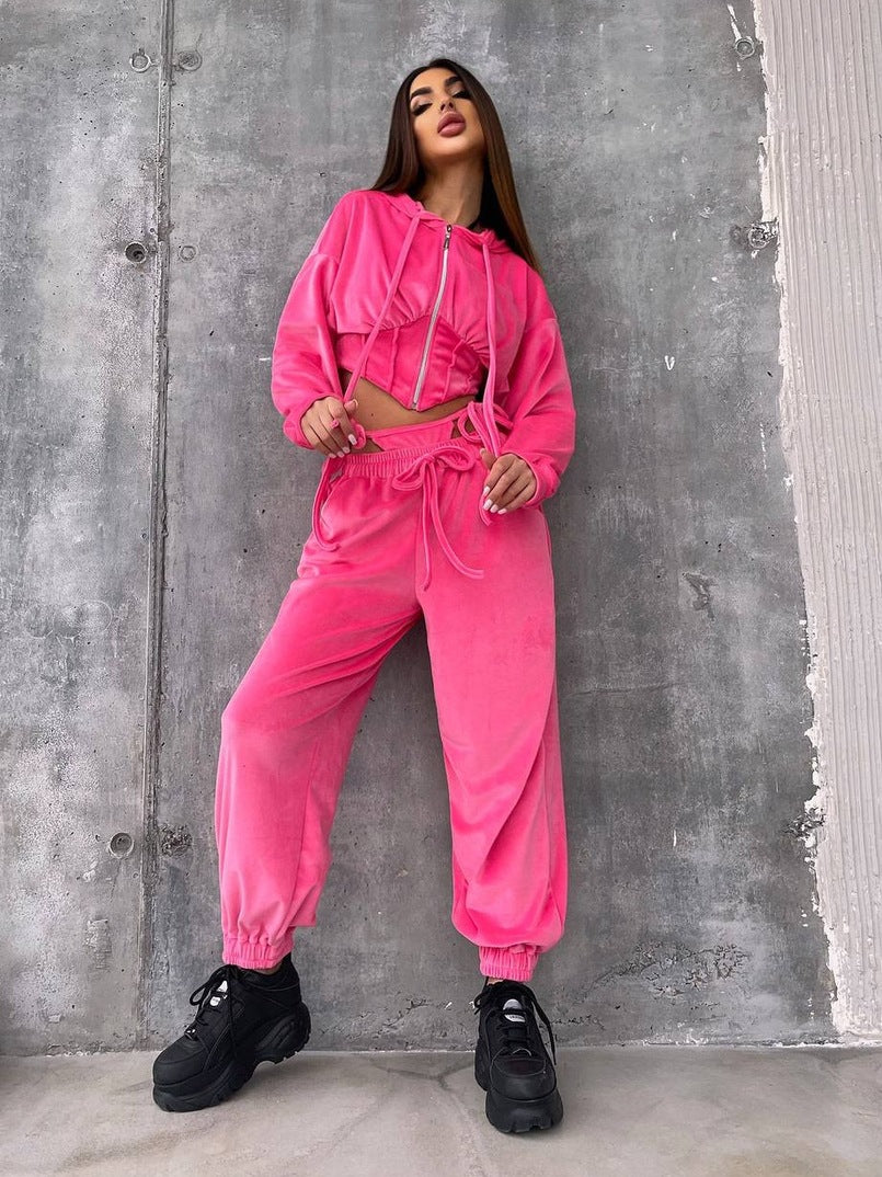 Damen Sportliches Velours-Cropped-Set mit Reißverschluss und Taillenschnitt Drune