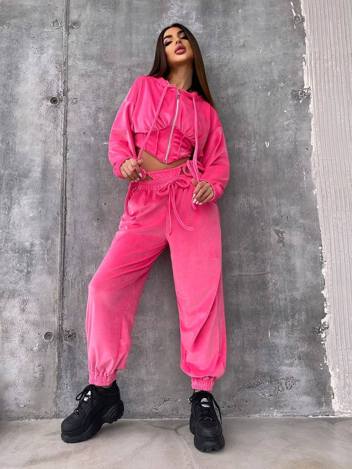Damen Sportliches Velours-Cropped-Set mit Reißverschluss und Taillenschnitt Drune