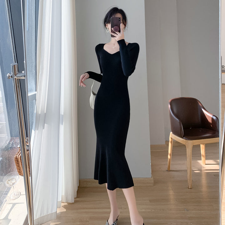 Damen Strickkleid mit elegantem V-Ausschnitt und ausgestelltem Saum Drune