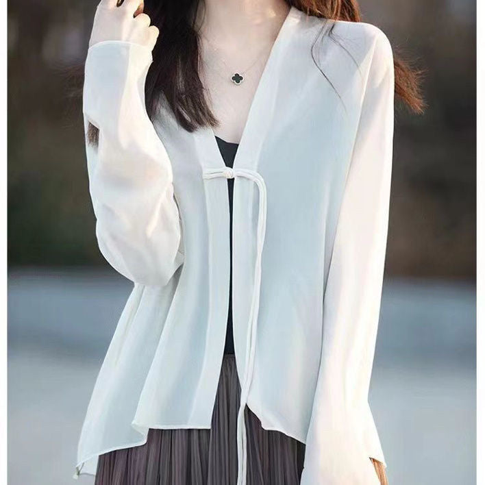 Damen transparente Bluse mit romantischem Bindegürtel Drune