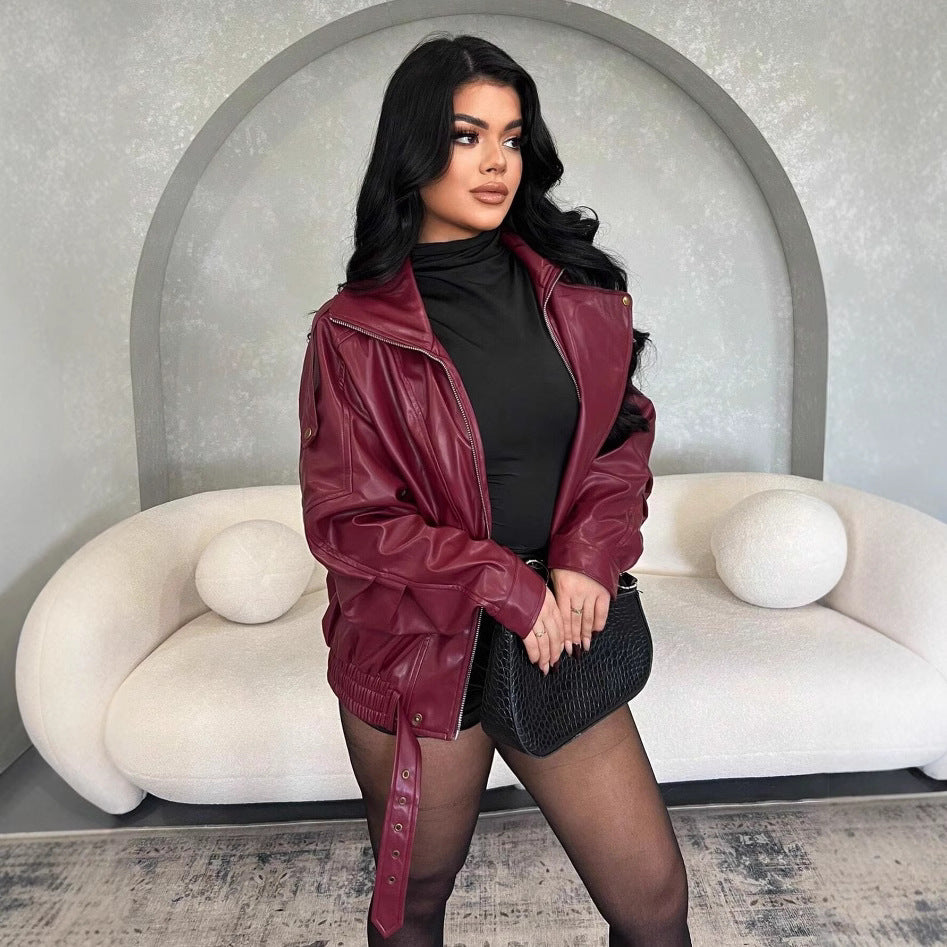 Damen Kunstlederjacke mit figurbetontem Schnitt und dekorativem Gürtel Drune