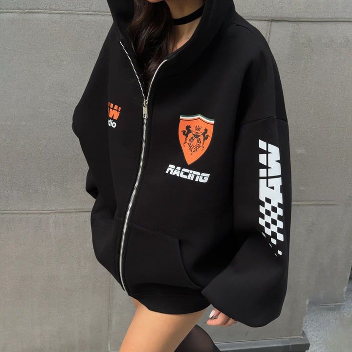 Damen oversized Kapuzenjacke mit grafischem Racing-Design Drune