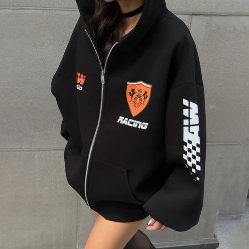Damen oversized Kapuzenjacke mit grafischem Racing-Design Drune