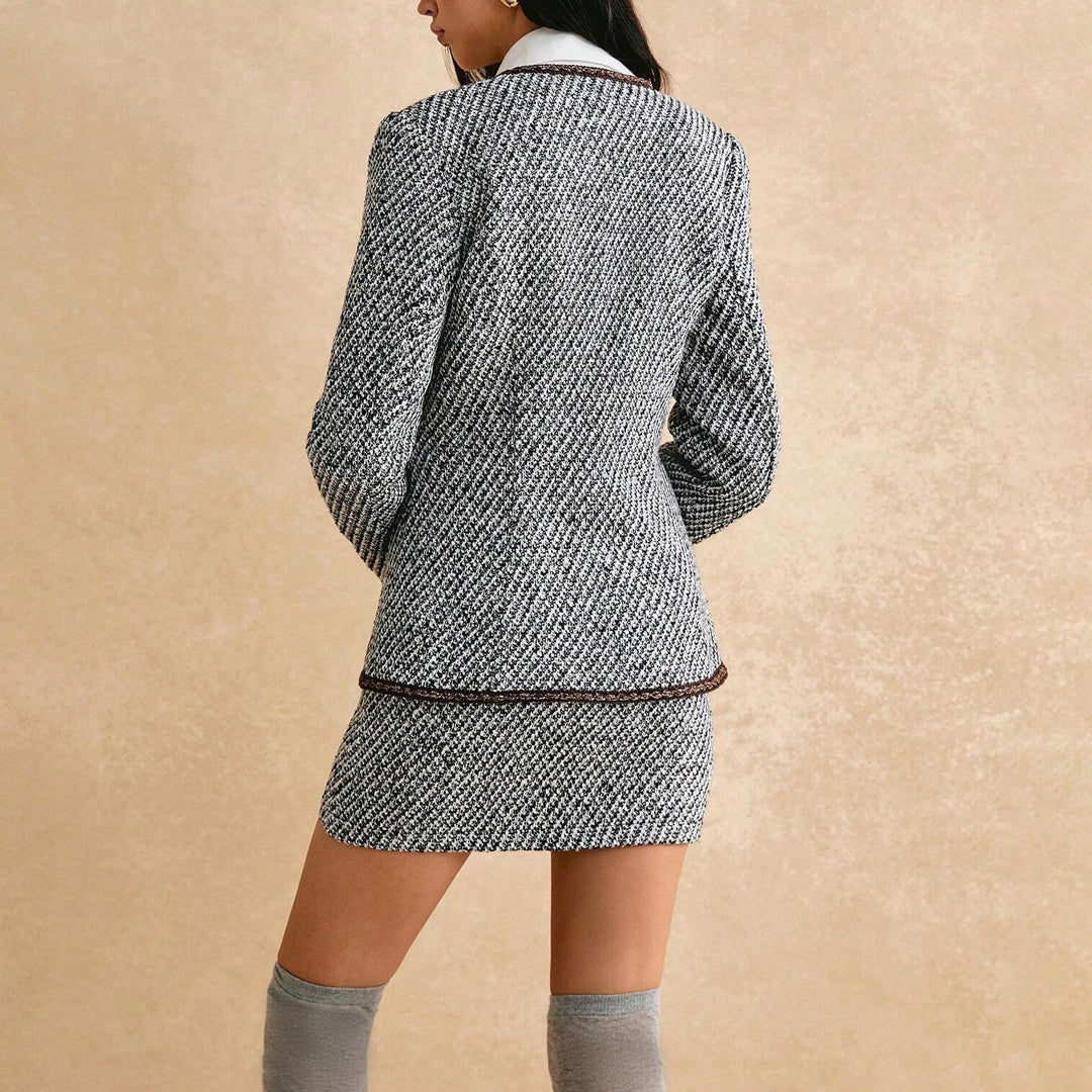 Damen Tweed-Blazer-Rock-Set mit stylischem Kragen und eleganten Details Drune