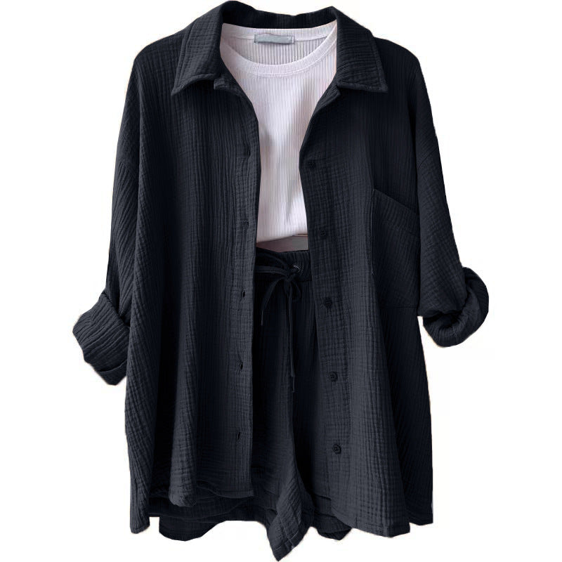 Damen nan lässiges oversized Hemd und Shorts Set mit Brusttasche Kordelbund und gerauter Baumwollstruktur Drune
