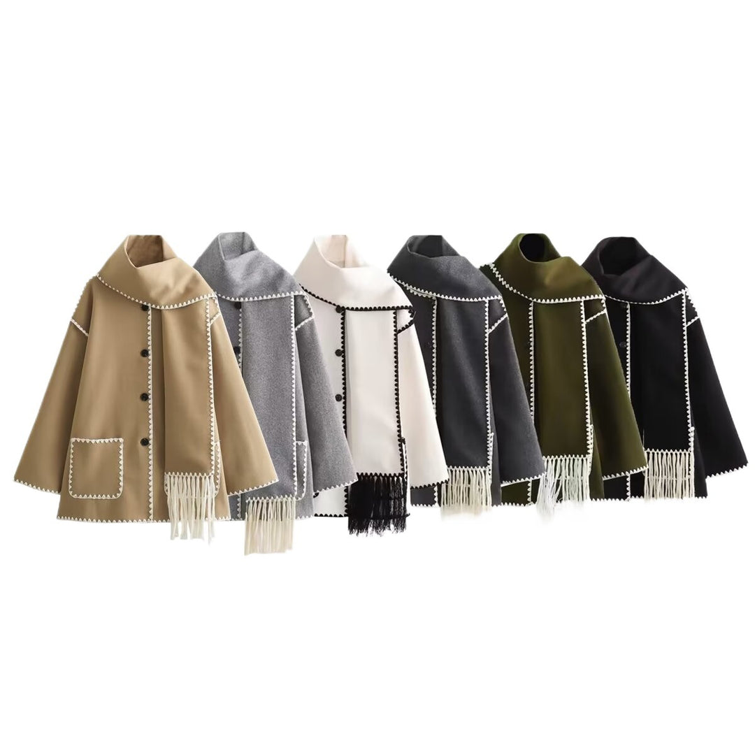 Damen elegante Wolljacke mit dekorativem Fransen-Schal Drune