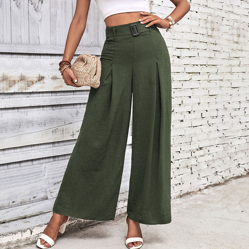 Damen weite Hochbundhose mit eleganten Falten und modischem Taillengürtel Drune