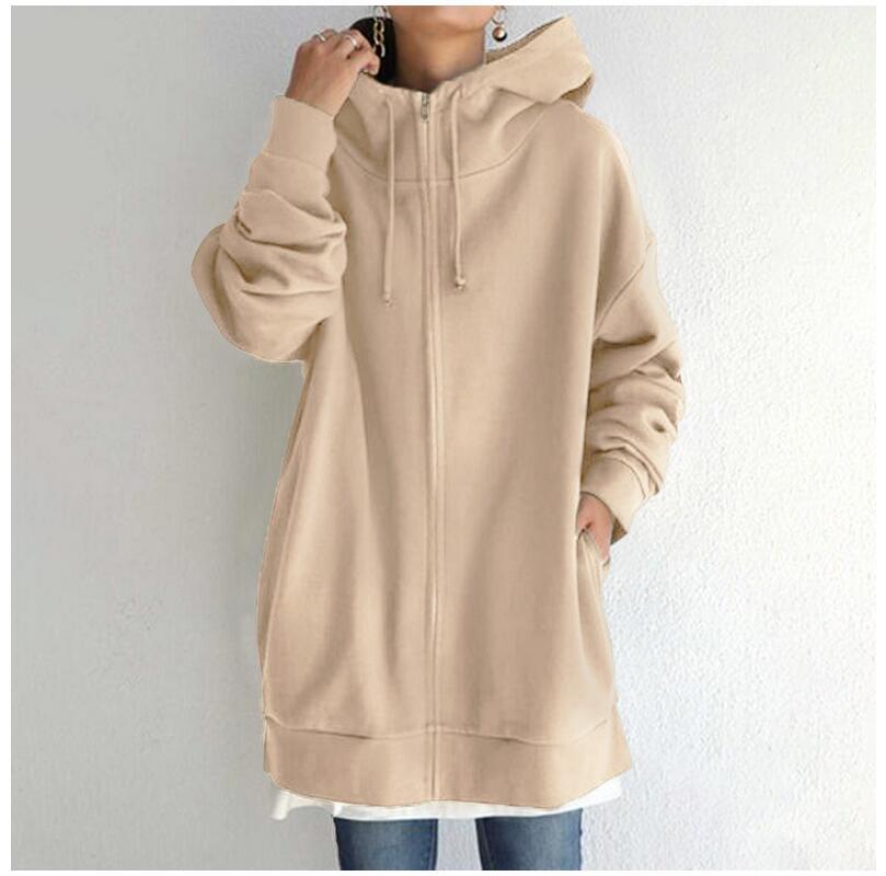 Damen nan oversized Kapuzenlongpullover mit Reißverschluss und Eingrifftaschen Drune