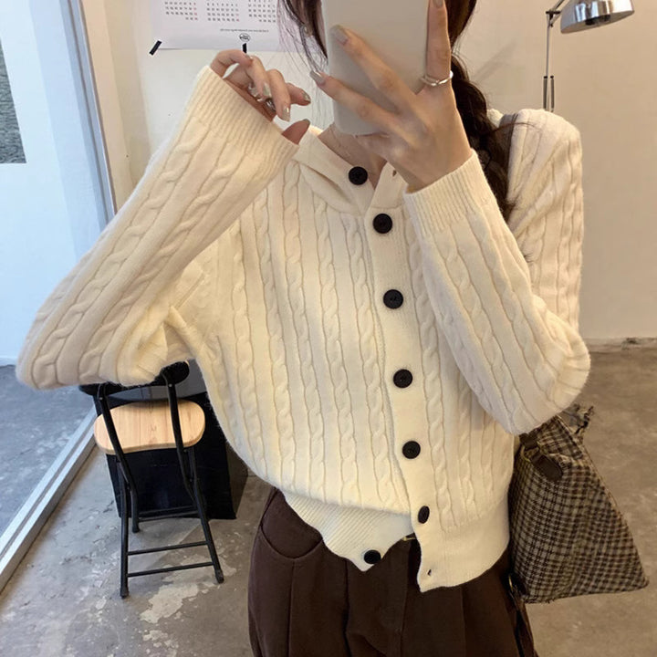 Damen Strickjacke mit Kapuze und dekorativem Zopfdesign Drune