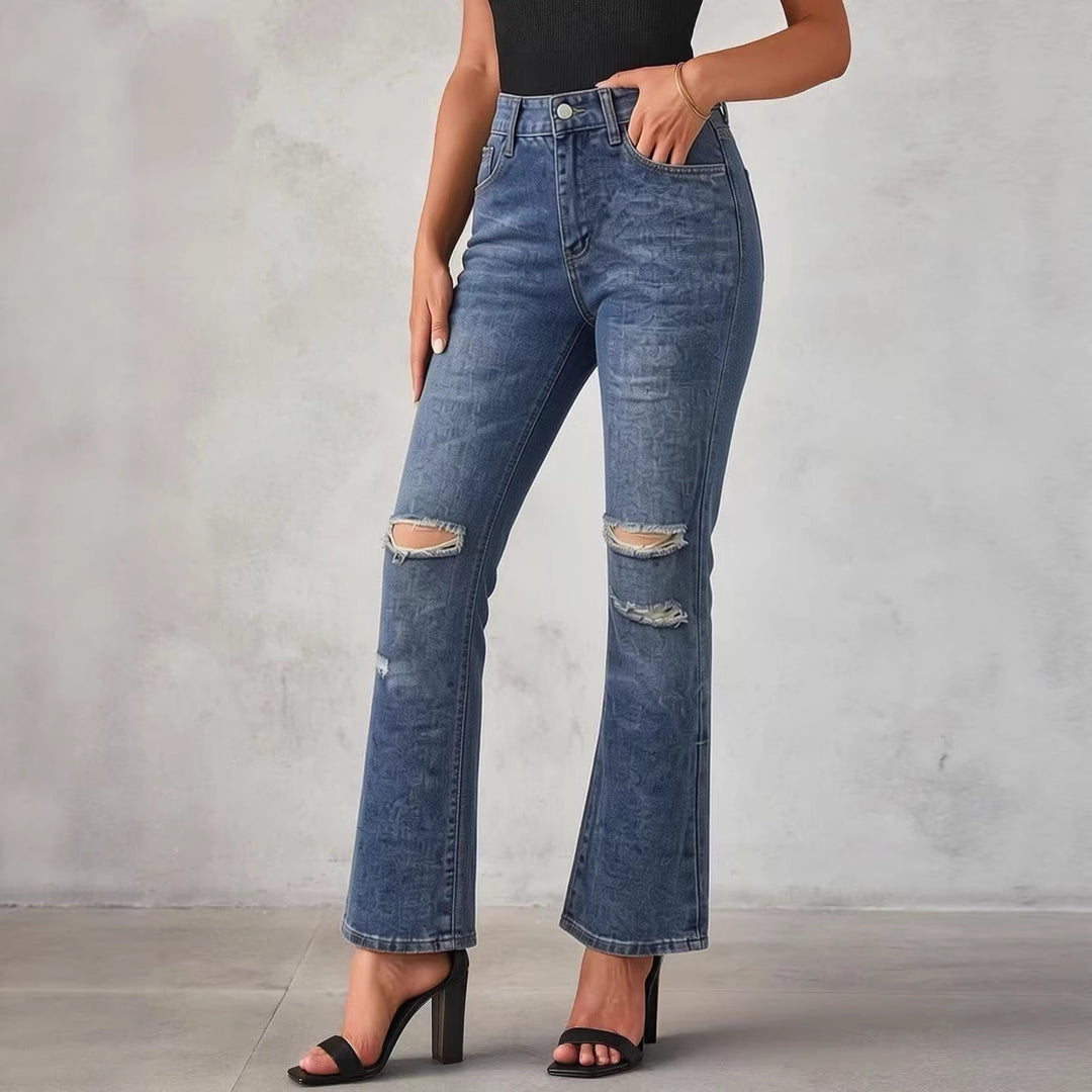 Damen nan High‑Waist Schlagjeans mit Distressed-Kniepartie und strukturierter Denim-Optik Drune