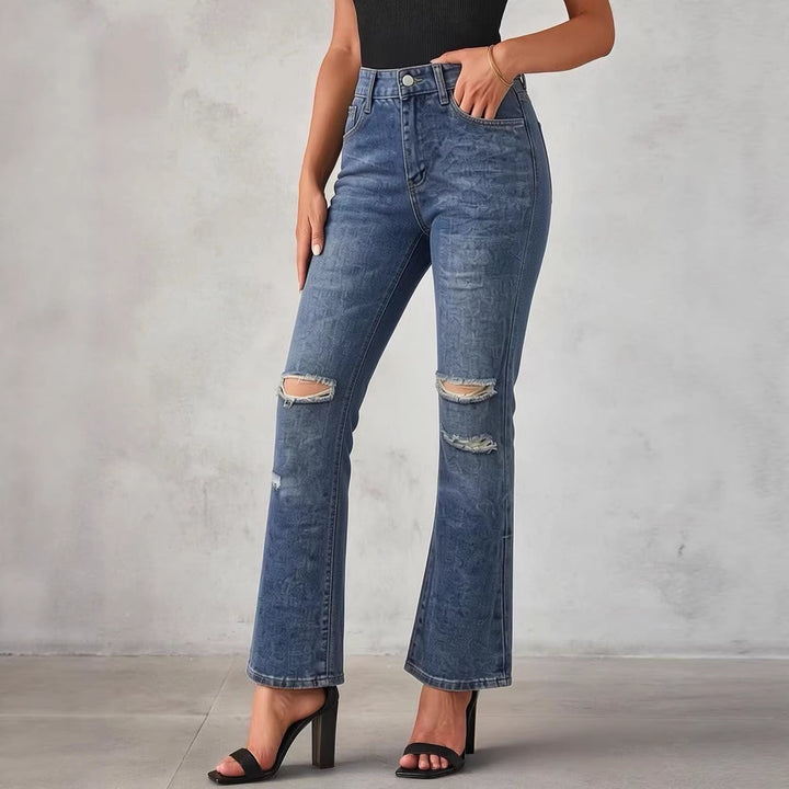 Damen nan High‑Waist Schlagjeans mit Distressed-Kniepartie und strukturierter Denim-Optik Drune
