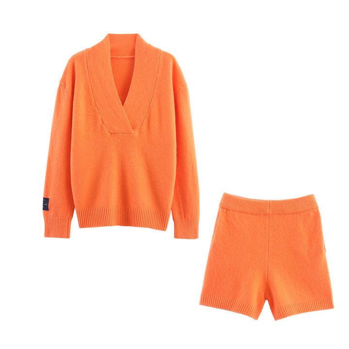 Damen Strickset mit V-Ausschnitt und elastischem Bund Drune
