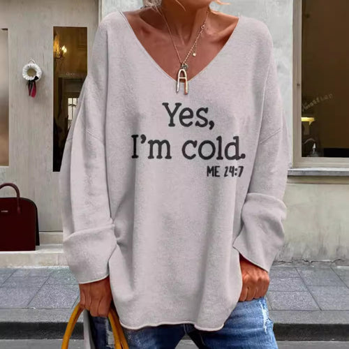 Damen Oversized Pullover mit modernem V-Ausschnitt und aufgedrucktem Statement Drune