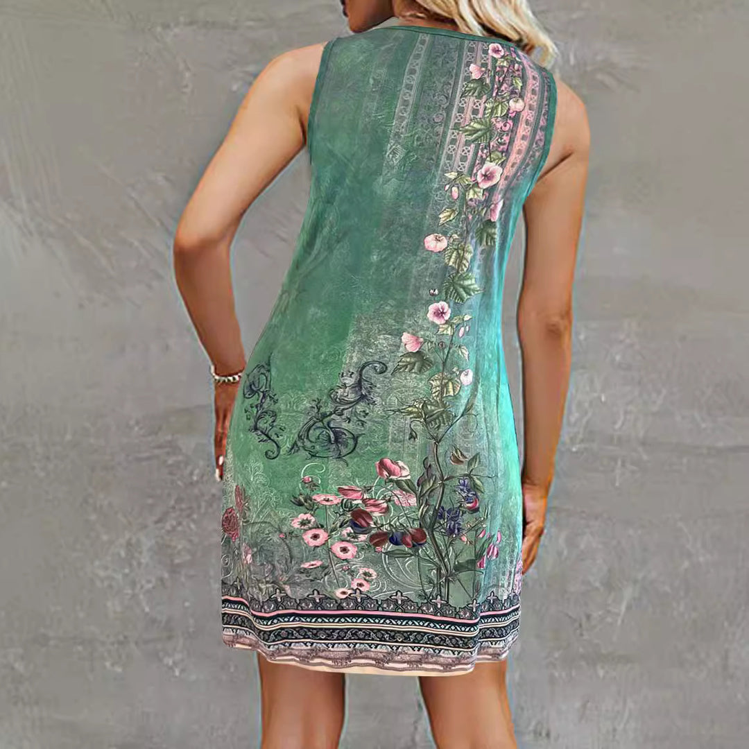 Damen ärmelloses Blusenkleid mit floralem Design und modischen Knopfdetails Drune