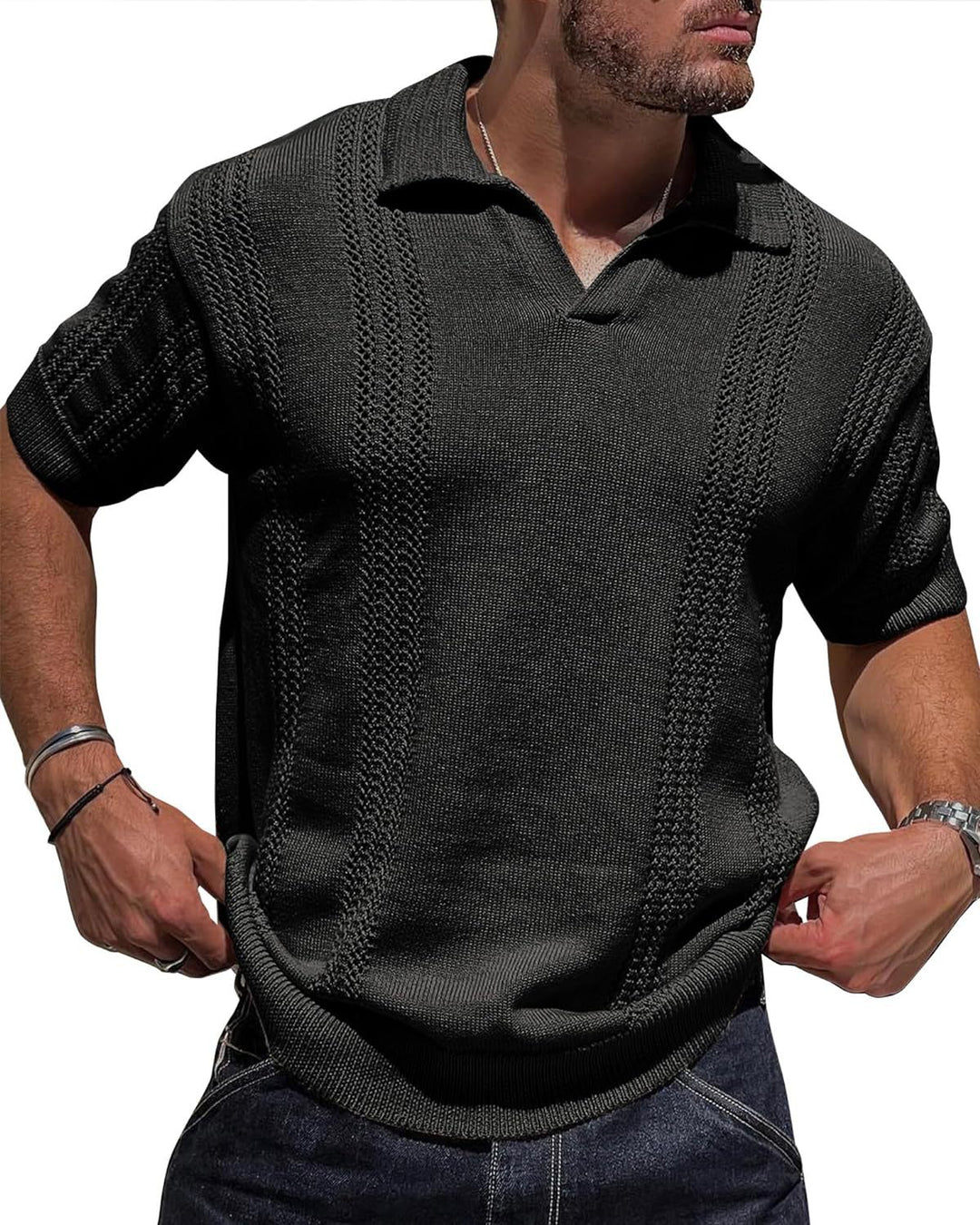 Herren Kurzarm Strickpullover mit strukturierter Oberfläche und Polokragen Drune