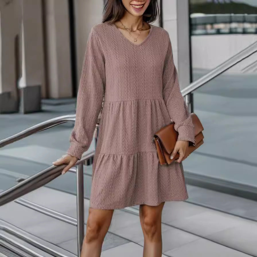 Damen lässiges V-Ausschnitt Kleid mit voluminösem Saum und langen Ärmeln Drune