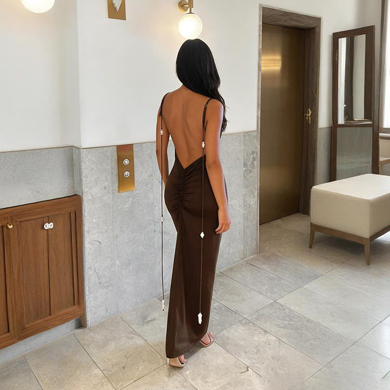 Damen Körperbetontes Maxikleid mit tiefem Rückenausschnitt und Rüschendetails Drune