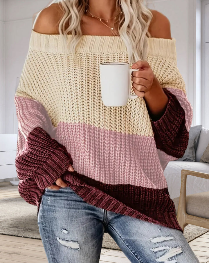 Damen Lässiger Overzise-Strickpullover mit Off-Shoulder-Ausschnitt und angesagtem Farbblockdesign Drune