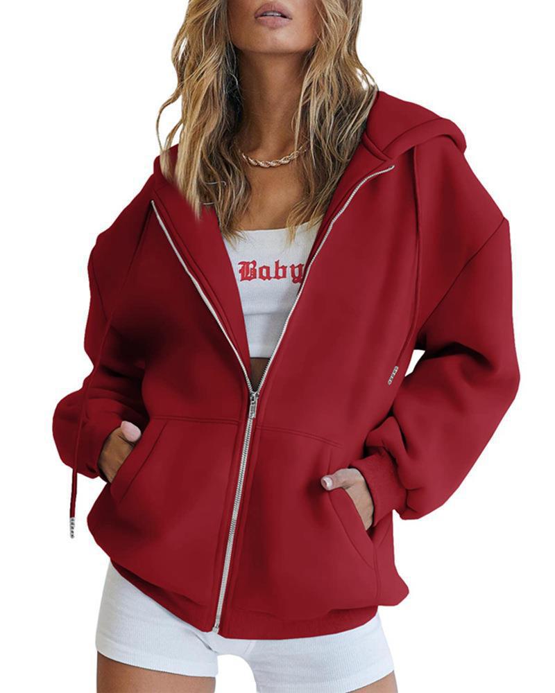 Damen nan Oversize-Kapuzenjacke mit durchgehendem Reißverschluss French-Terry, Kängurutaschen und elastischen Bündchen Drune