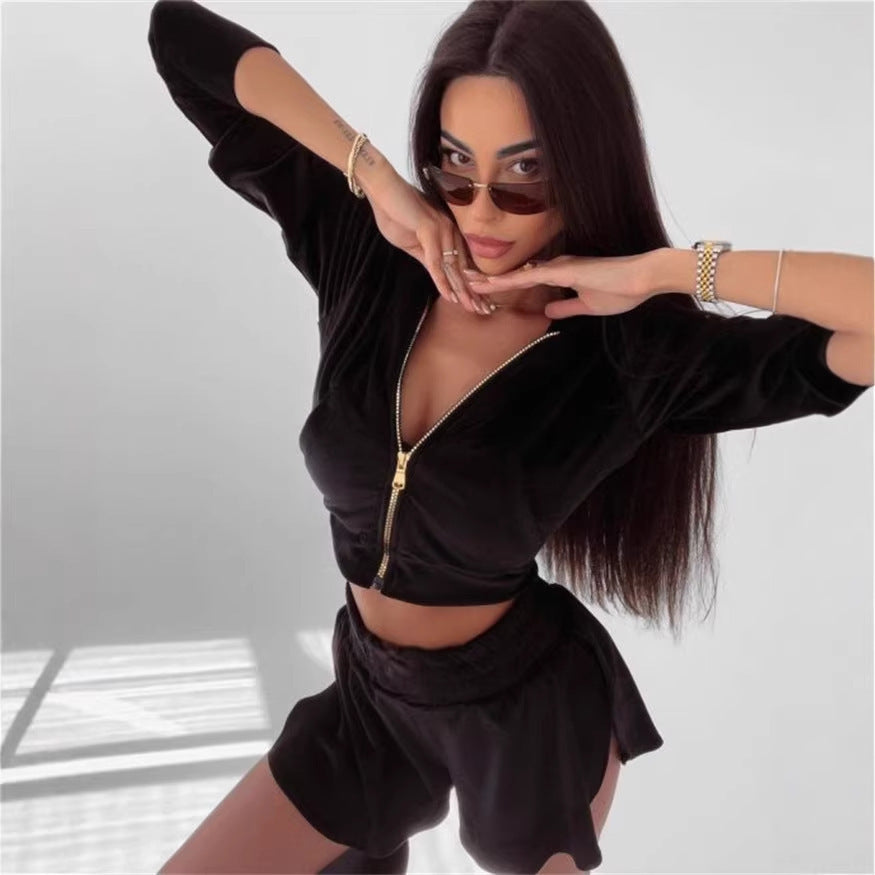 Damen sportliches Cropped Hoodie und Shorts-Set Drune