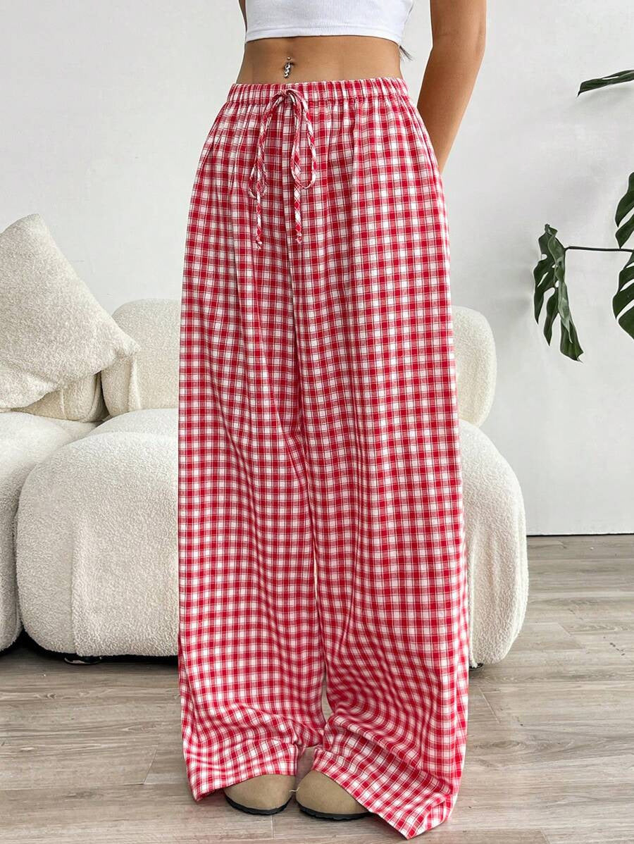 Damen weite Vichy-Hose mit elastischem Bund und Kordelzug Drune