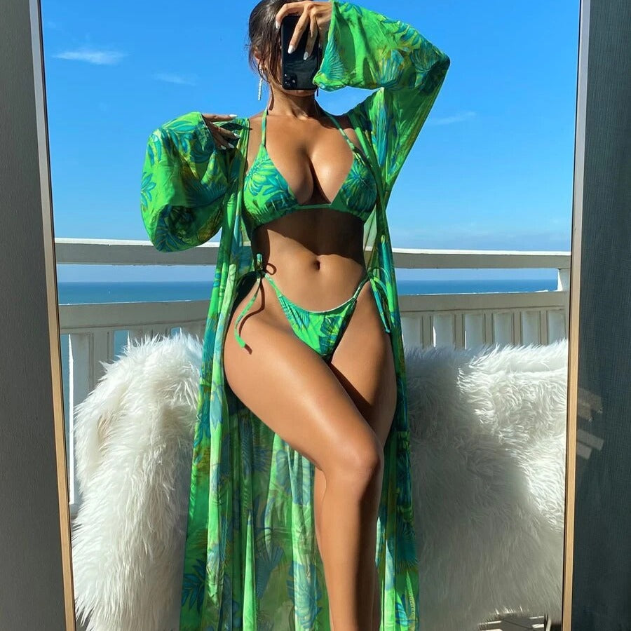 Damen Bikini-Set mit transparentem Kaftan und floralem Design Drune