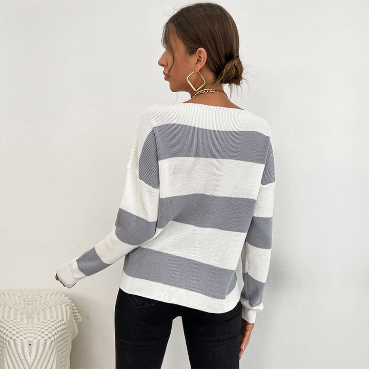 Damen lässiger Strickpullover mit V-Ausschnitt und Blockstreifen Drune