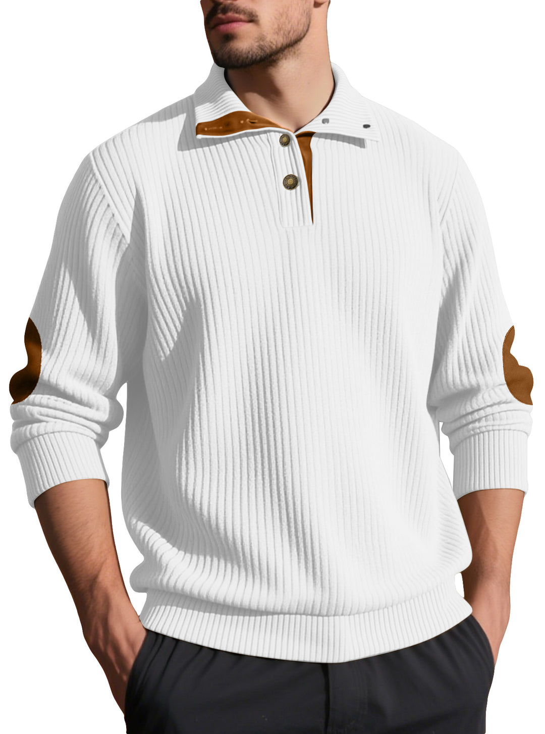 Herren nan Rippstrick-Halbknopf-Pullover mit Kentkragen und Lederbesatz Drune
