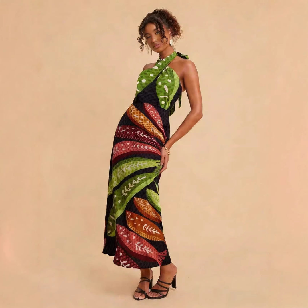 Damen Halterneck Maxikleid mit buntem Blattdesign und schwingendem Schnitt Drune